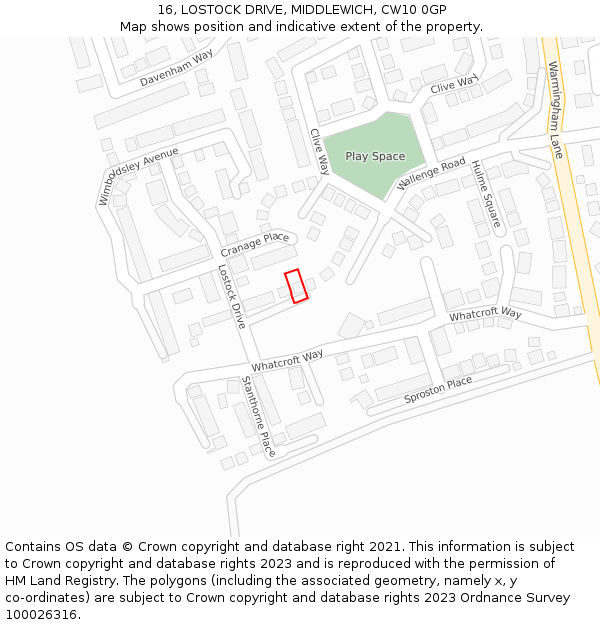 16, LOSTOCK DRIVE, MIDDLEWICH, CW10 0GP: Location map and indicative extent of plot