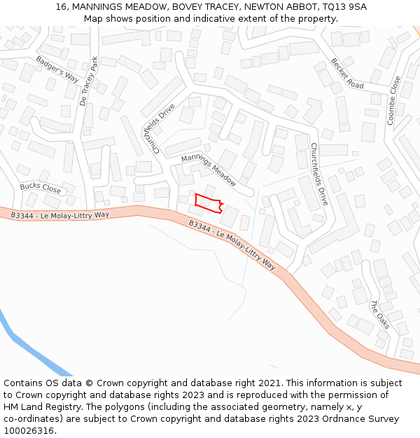 16, MANNINGS MEADOW, BOVEY TRACEY, NEWTON ABBOT, TQ13 9SA: Location map and indicative extent of plot