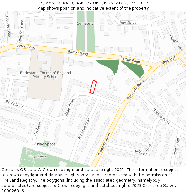 16, MANOR ROAD, BARLESTONE, NUNEATON, CV13 0HY: Location map and indicative extent of plot