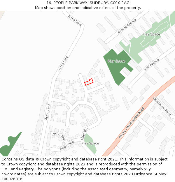 16, PEOPLE PARK WAY, SUDBURY, CO10 1AG: Location map and indicative extent of plot