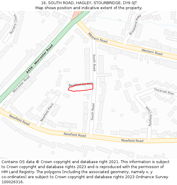 16, SOUTH ROAD, HAGLEY, STOURBRIDGE, DY9 0JT: Location map and indicative extent of plot