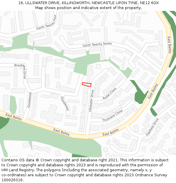 16, ULLSWATER DRIVE, KILLINGWORTH, NEWCASTLE UPON TYNE, NE12 6GX: Location map and indicative extent of plot