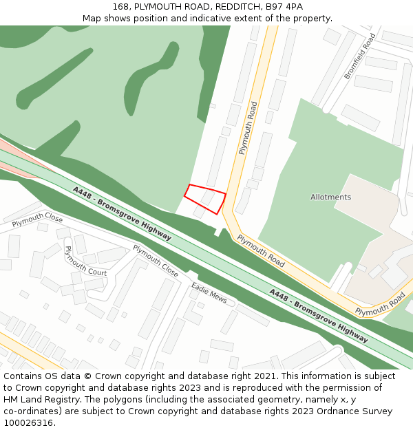 168, PLYMOUTH ROAD, REDDITCH, B97 4PA: Location map and indicative extent of plot