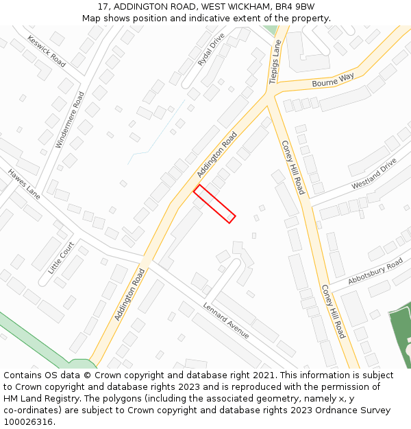 17, ADDINGTON ROAD, WEST WICKHAM, BR4 9BW: Location map and indicative extent of plot