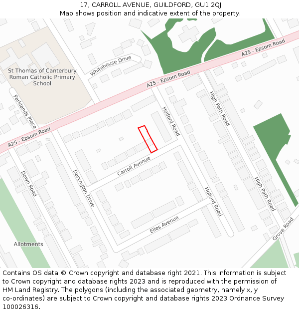 17, CARROLL AVENUE, GUILDFORD, GU1 2QJ: Location map and indicative extent of plot