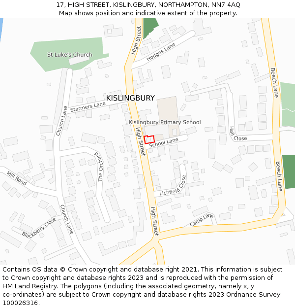 17, HIGH STREET, KISLINGBURY, NORTHAMPTON, NN7 4AQ: Location map and indicative extent of plot