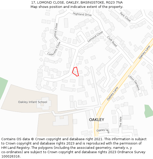 17, LOMOND CLOSE, OAKLEY, BASINGSTOKE, RG23 7NA: Location map and indicative extent of plot