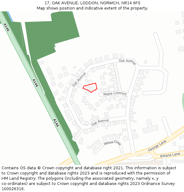 17, OAK AVENUE, LODDON, NORWICH, NR14 6FS: Location map and indicative extent of plot