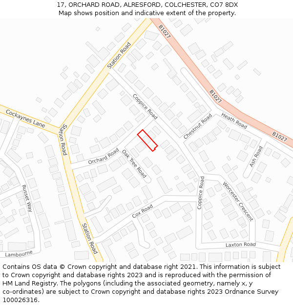 17, ORCHARD ROAD, ALRESFORD, COLCHESTER, CO7 8DX: Location map and indicative extent of plot