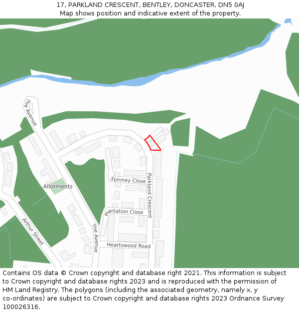 17, PARKLAND CRESCENT, BENTLEY, DONCASTER, DN5 0AJ: Location map and indicative extent of plot