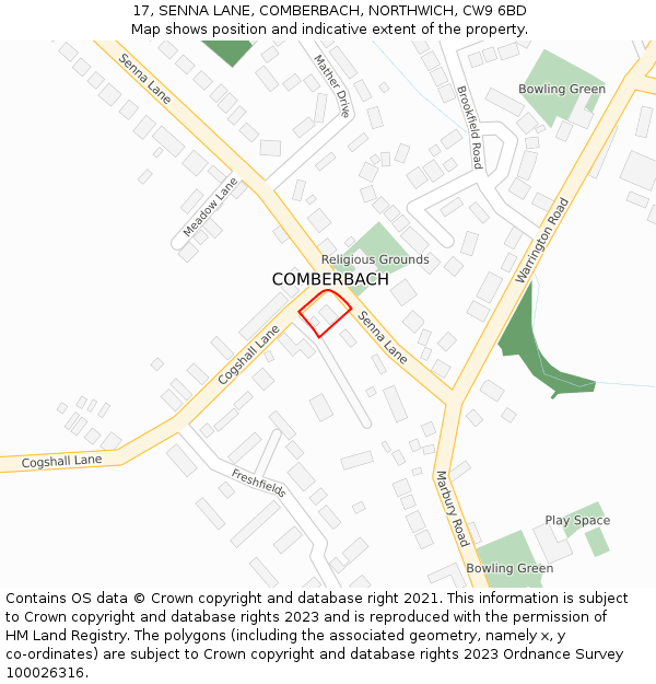 17, SENNA LANE, COMBERBACH, NORTHWICH, CW9 6BD: Location map and indicative extent of plot