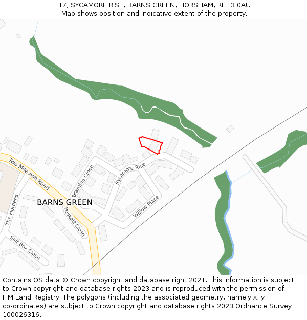 17, SYCAMORE RISE, BARNS GREEN, HORSHAM, RH13 0AU: Location map and indicative extent of plot