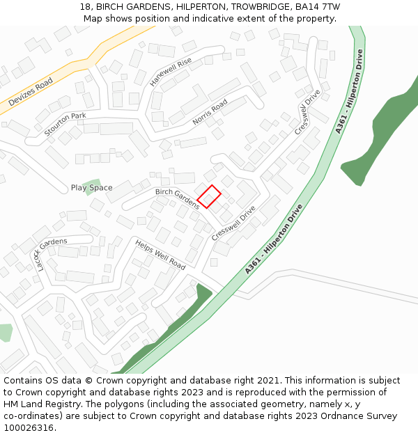 18, BIRCH GARDENS, HILPERTON, TROWBRIDGE, BA14 7TW: Location map and indicative extent of plot