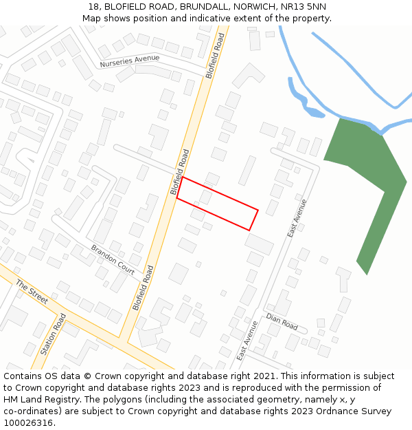 18, BLOFIELD ROAD, BRUNDALL, NORWICH, NR13 5NN: Location map and indicative extent of plot