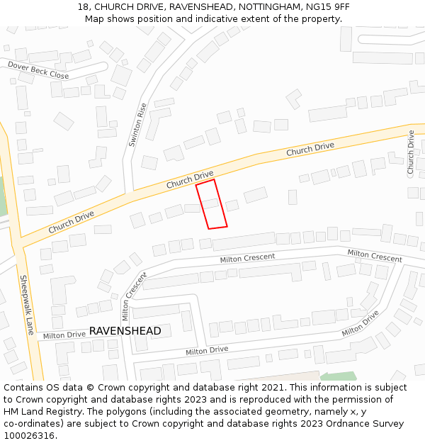 18, CHURCH DRIVE, RAVENSHEAD, NOTTINGHAM, NG15 9FF: Location map and indicative extent of plot