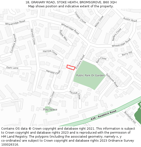 18, GRANARY ROAD, STOKE HEATH, BROMSGROVE, B60 3QH: Location map and indicative extent of plot