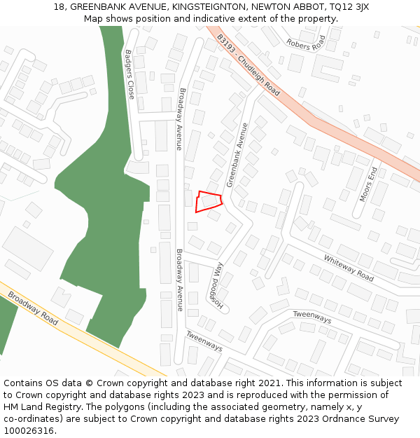 18, GREENBANK AVENUE, KINGSTEIGNTON, NEWTON ABBOT, TQ12 3JX: Location map and indicative extent of plot