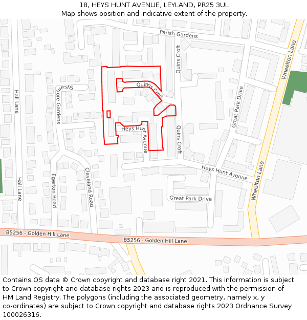 18, HEYS HUNT AVENUE, LEYLAND, PR25 3UL: Location map and indicative extent of plot