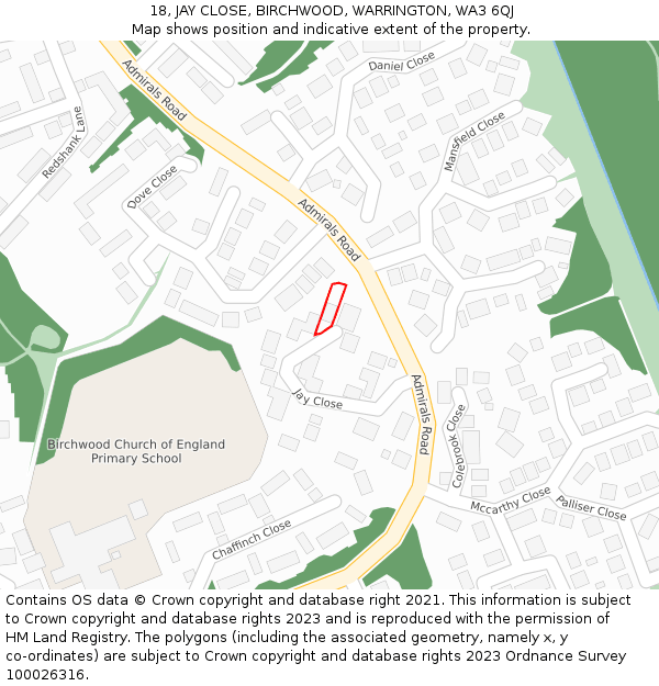 18, JAY CLOSE, BIRCHWOOD, WARRINGTON, WA3 6QJ: Location map and indicative extent of plot