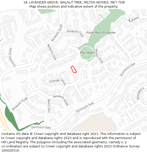 18, LAVENDER GROVE, WALNUT TREE, MILTON KEYNES, MK7 7DB: Location map and indicative extent of plot