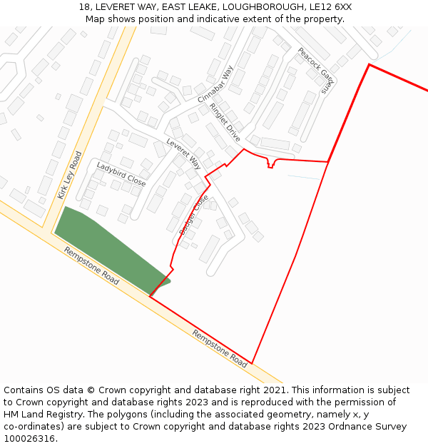 18, LEVERET WAY, EAST LEAKE, LOUGHBOROUGH, LE12 6XX: Location map and indicative extent of plot