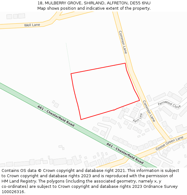 18, MULBERRY GROVE, SHIRLAND, ALFRETON, DE55 6NU: Location map and indicative extent of plot