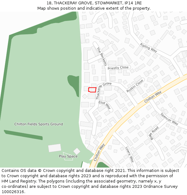 18, THACKERAY GROVE, STOWMARKET, IP14 1RE: Location map and indicative extent of plot