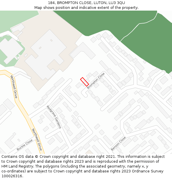 184, BROMPTON CLOSE, LUTON, LU3 3QU: Location map and indicative extent of plot