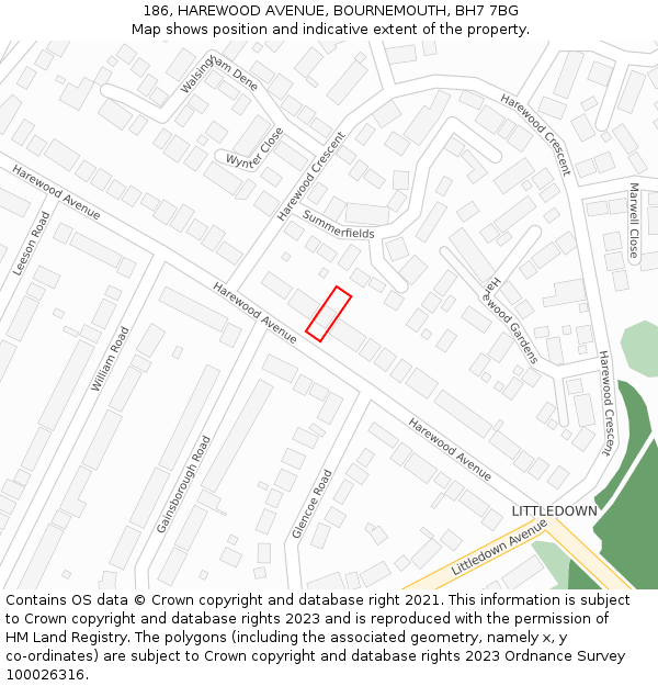 186, HAREWOOD AVENUE, BOURNEMOUTH, BH7 7BG: Location map and indicative extent of plot