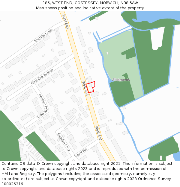 186, WEST END, COSTESSEY, NORWICH, NR8 5AW: Location map and indicative extent of plot