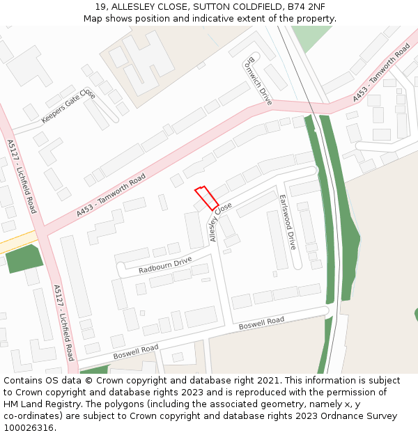 19, ALLESLEY CLOSE, SUTTON COLDFIELD, B74 2NF: Location map and indicative extent of plot