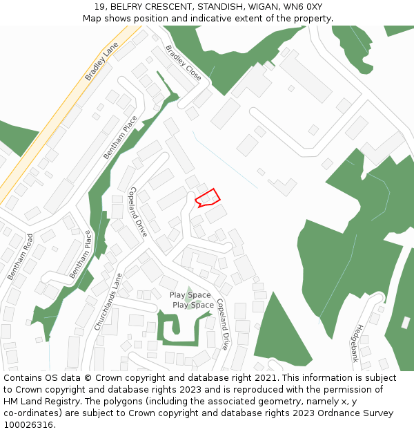 19, BELFRY CRESCENT, STANDISH, WIGAN, WN6 0XY: Location map and indicative extent of plot