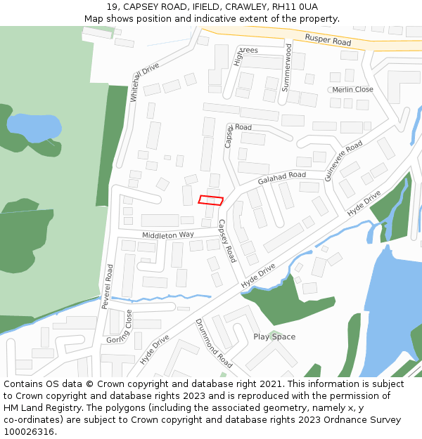 19, CAPSEY ROAD, IFIELD, CRAWLEY, RH11 0UA: Location map and indicative extent of plot