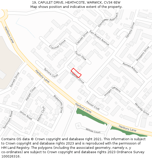 19, CAPULET DRIVE, HEATHCOTE, WARWICK, CV34 6EW: Location map and indicative extent of plot