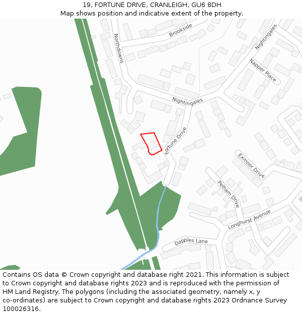 19, FORTUNE DRIVE, CRANLEIGH, GU6 8DH: Location map and indicative extent of plot