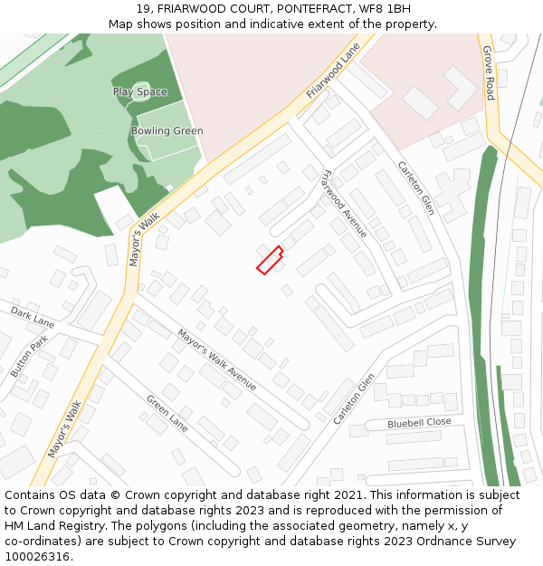 19, FRIARWOOD COURT, PONTEFRACT, WF8 1BH: Location map and indicative extent of plot