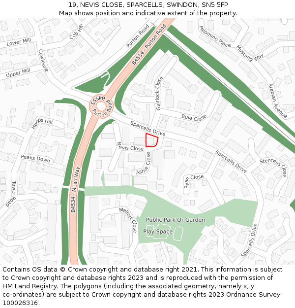 19, NEVIS CLOSE, SPARCELLS, SWINDON, SN5 5FP: Location map and indicative extent of plot