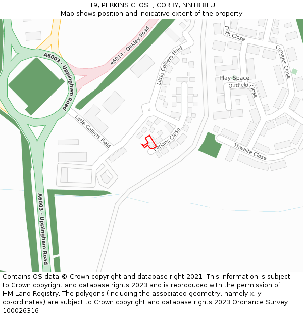 19, PERKINS CLOSE, CORBY, NN18 8FU: Location map and indicative extent of plot