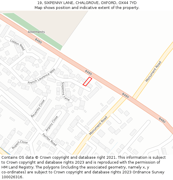 19, SIXPENNY LANE, CHALGROVE, OXFORD, OX44 7YD: Location map and indicative extent of plot