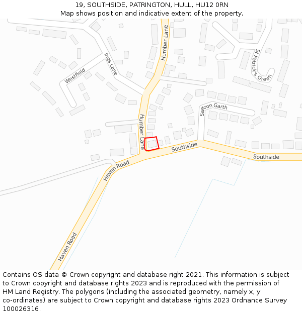 19, SOUTHSIDE, PATRINGTON, HULL, HU12 0RN: Location map and indicative extent of plot