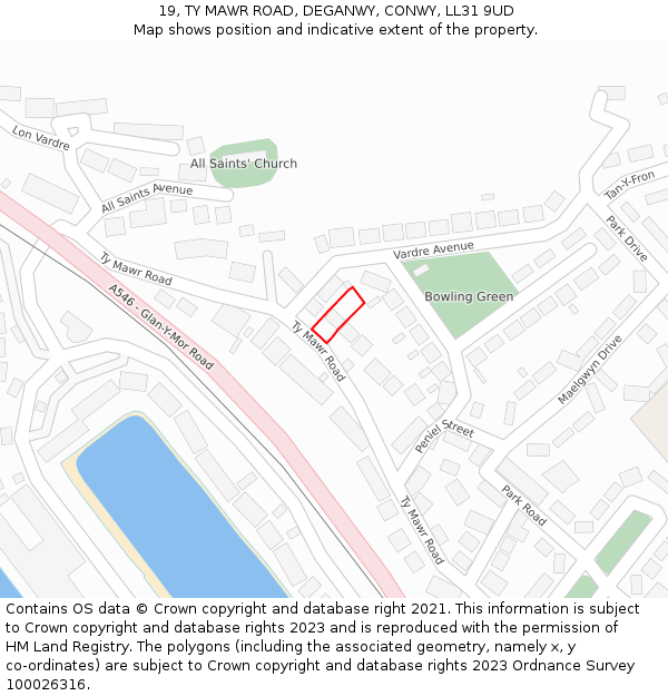 19, TY MAWR ROAD, DEGANWY, CONWY, LL31 9UD: Location map and indicative extent of plot