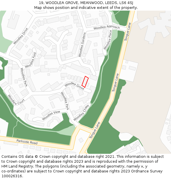 19, WOODLEA GROVE, MEANWOOD, LEEDS, LS6 4SJ: Location map and indicative extent of plot