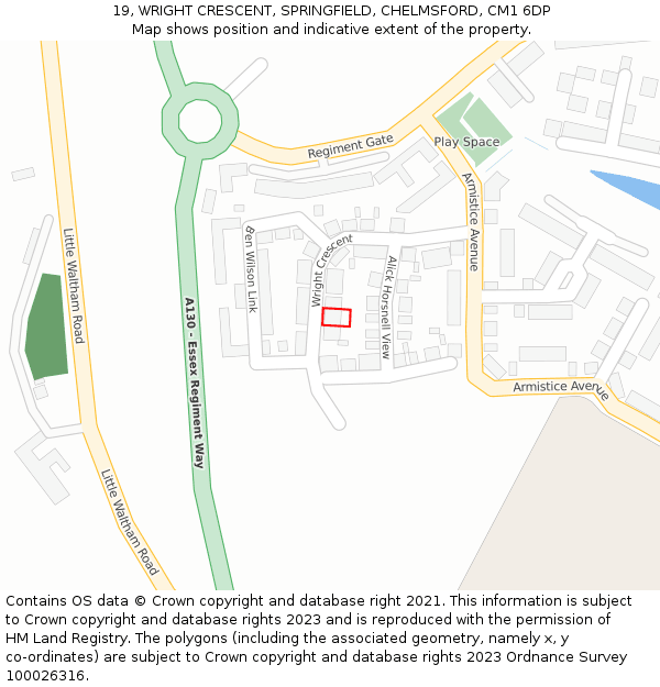 19, WRIGHT CRESCENT, SPRINGFIELD, CHELMSFORD, CM1 6DP: Location map and indicative extent of plot