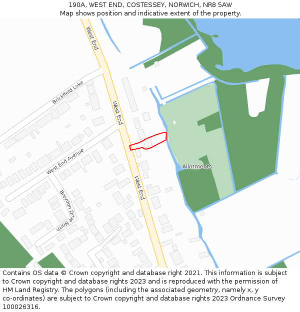 190A, WEST END, COSTESSEY, NORWICH, NR8 5AW: Location map and indicative extent of plot