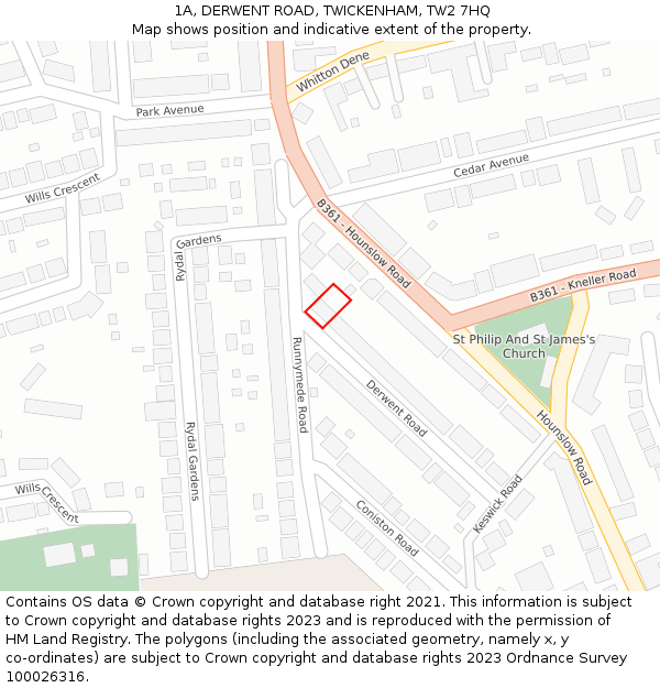 1A, DERWENT ROAD, TWICKENHAM, TW2 7HQ: Location map and indicative extent of plot