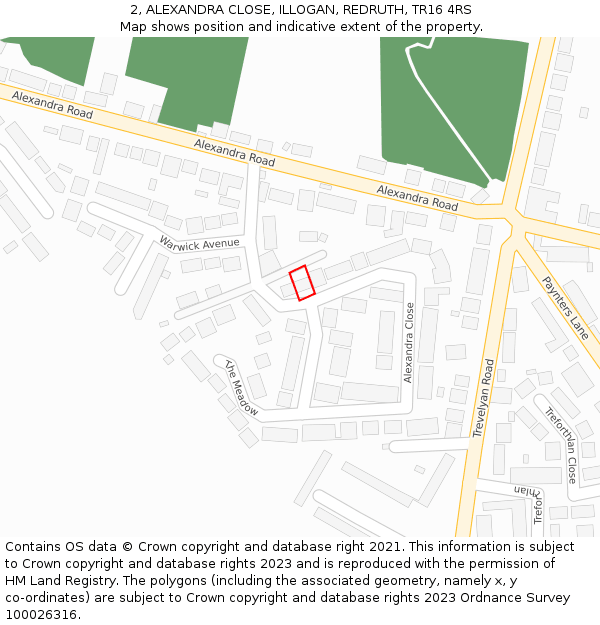 2, ALEXANDRA CLOSE, ILLOGAN, REDRUTH, TR16 4RS: Location map and indicative extent of plot