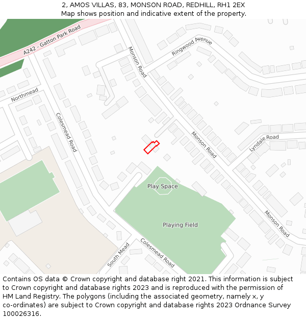 2, AMOS VILLAS, 83, MONSON ROAD, REDHILL, RH1 2EX: Location map and indicative extent of plot