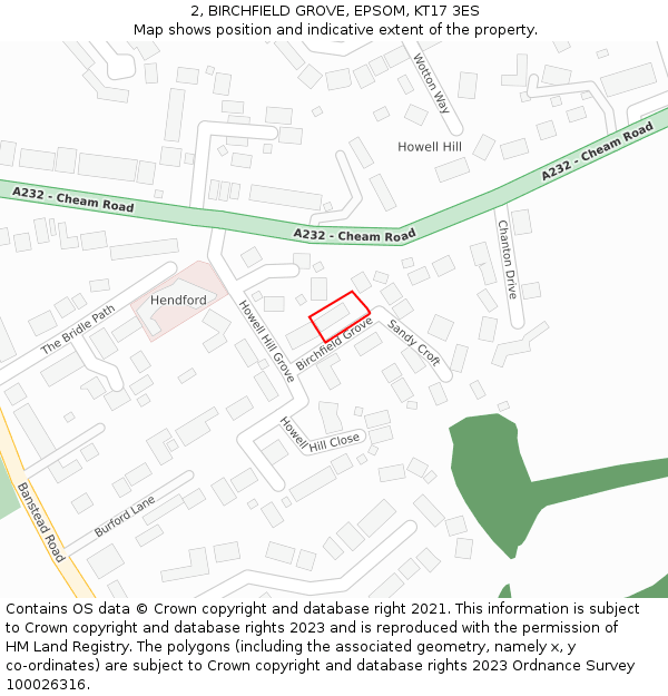 2, BIRCHFIELD GROVE, EPSOM, KT17 3ES: Location map and indicative extent of plot