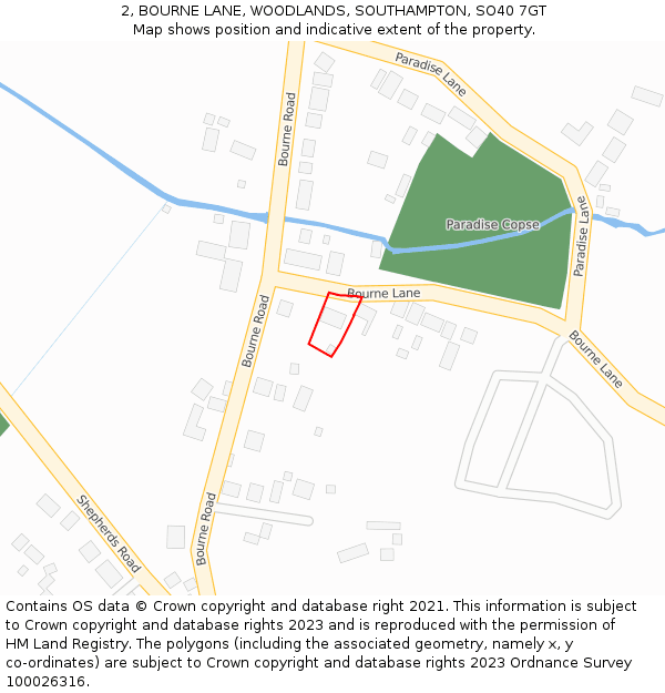 2, BOURNE LANE, WOODLANDS, SOUTHAMPTON, SO40 7GT: Location map and indicative extent of plot