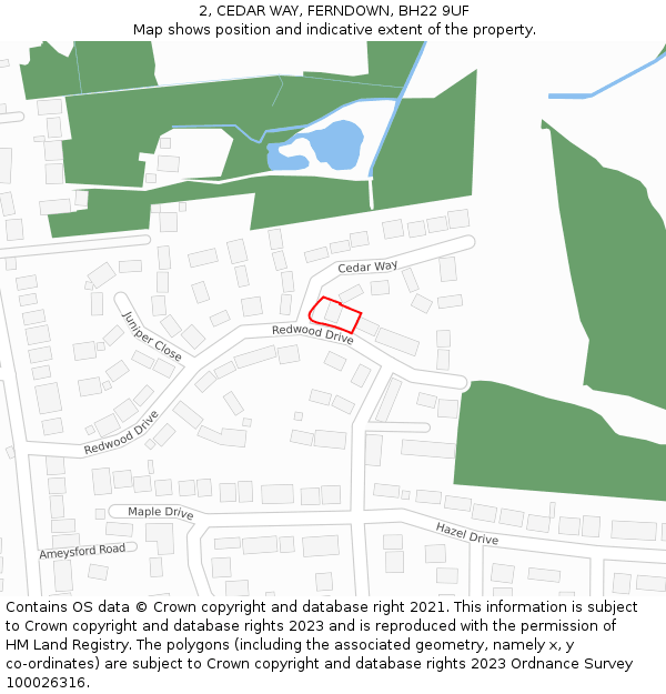 2, CEDAR WAY, FERNDOWN, BH22 9UF: Location map and indicative extent of plot